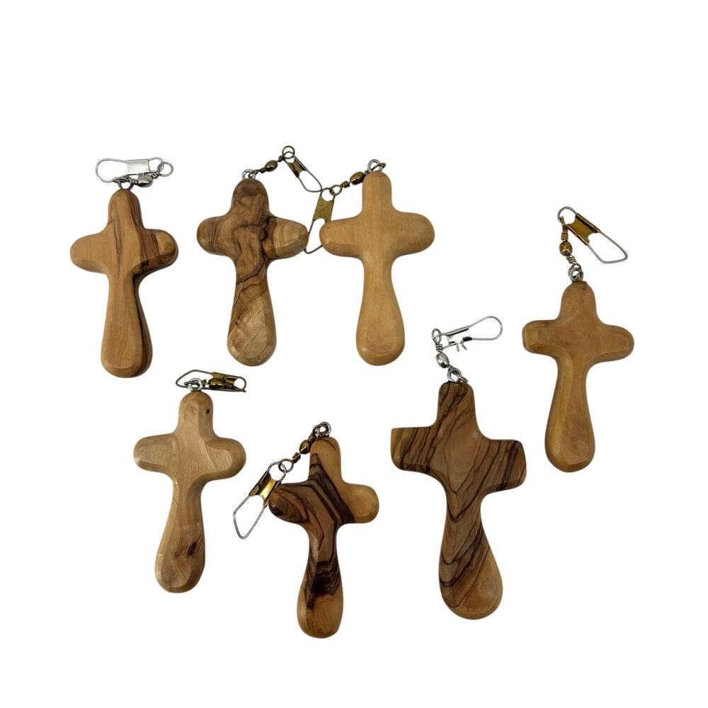 Olive Wood Lot 7 Comfort Crosses Fish Hooks Handmade Natural 2.5"